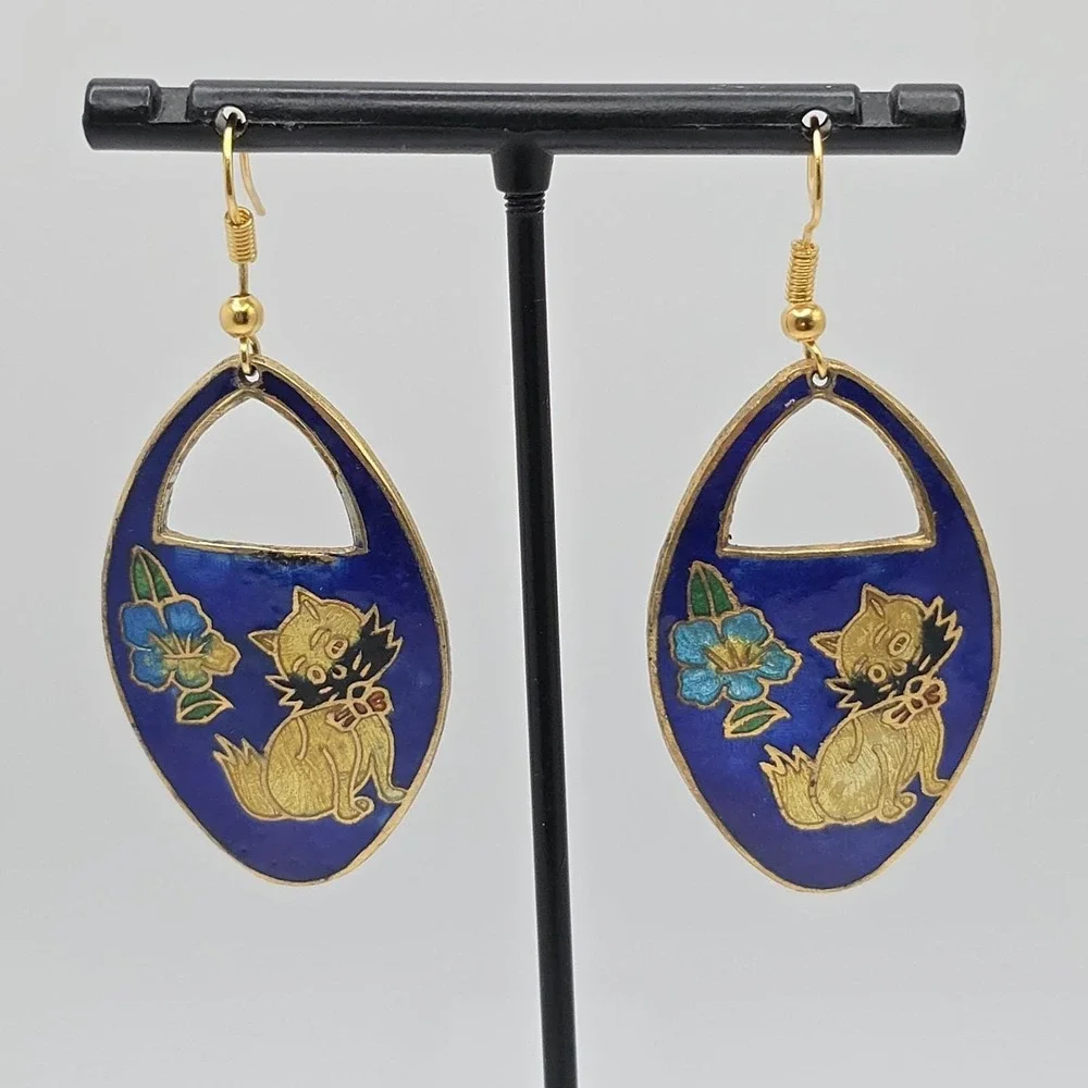 Vtg Cloisonne Kitten Cat Flower Earrings Cobalt Blue Enamel Gold‎ Dangle